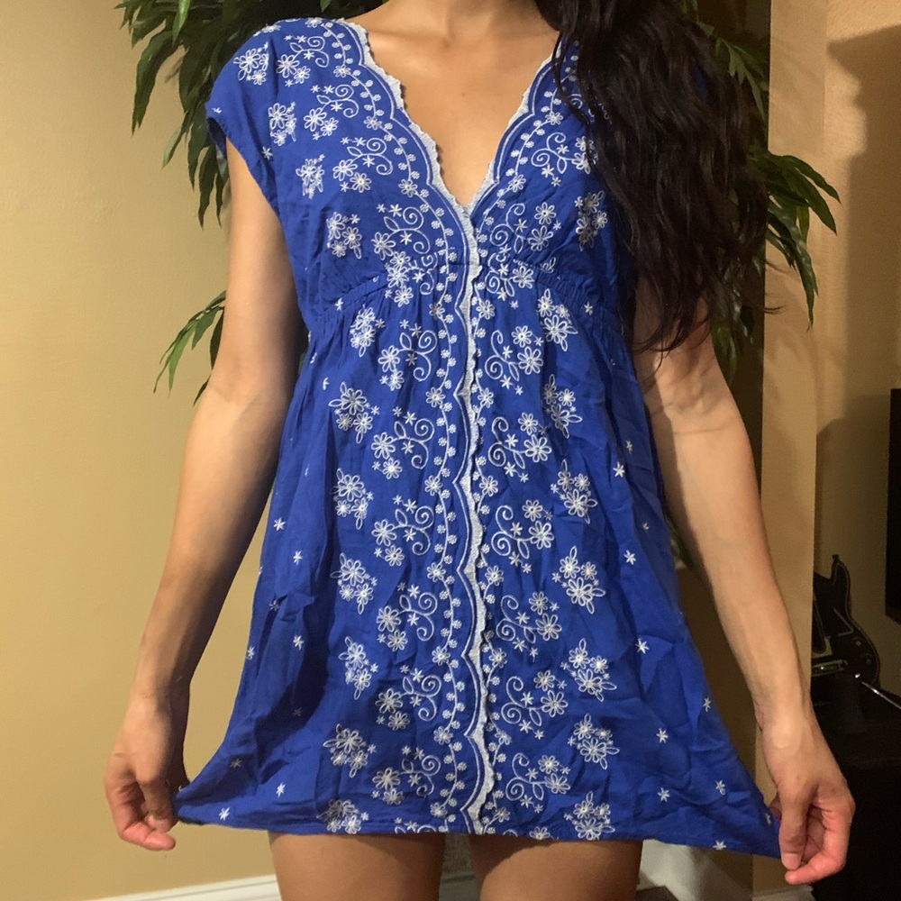 Blue and White Boho Tunic Mini Dress